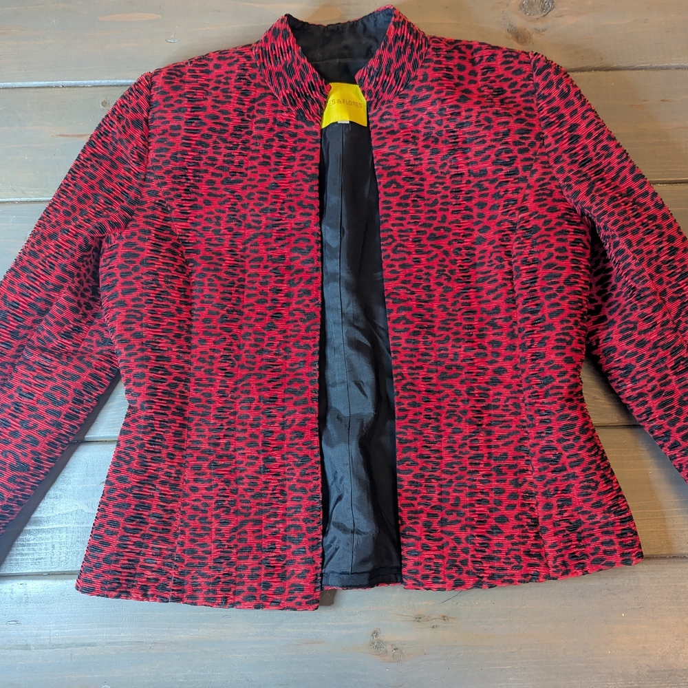 Flores & Flores Red Leopard Textured Blazer Jacket Made USA
